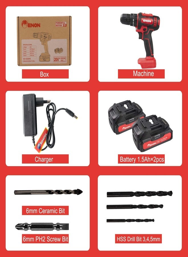 Enon Cordless Impact Drill/Driver for Home Use, 20V, 1500RPM, 22NM Torque, Keyless Chuck 10mm, 25 Level Torque, 2 Speed Modes, 3 Setting Modes, 2 x 1500mAh Batteries, 6 Months Warranty (XE-CD2010) - Image 5